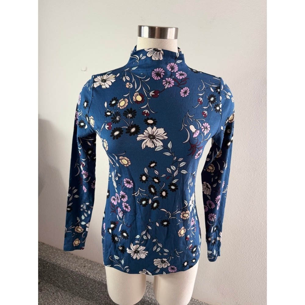 NEW Ann Taylor Womens Small Floral Mock Neck Long Sleeve Top Teal Shirt
